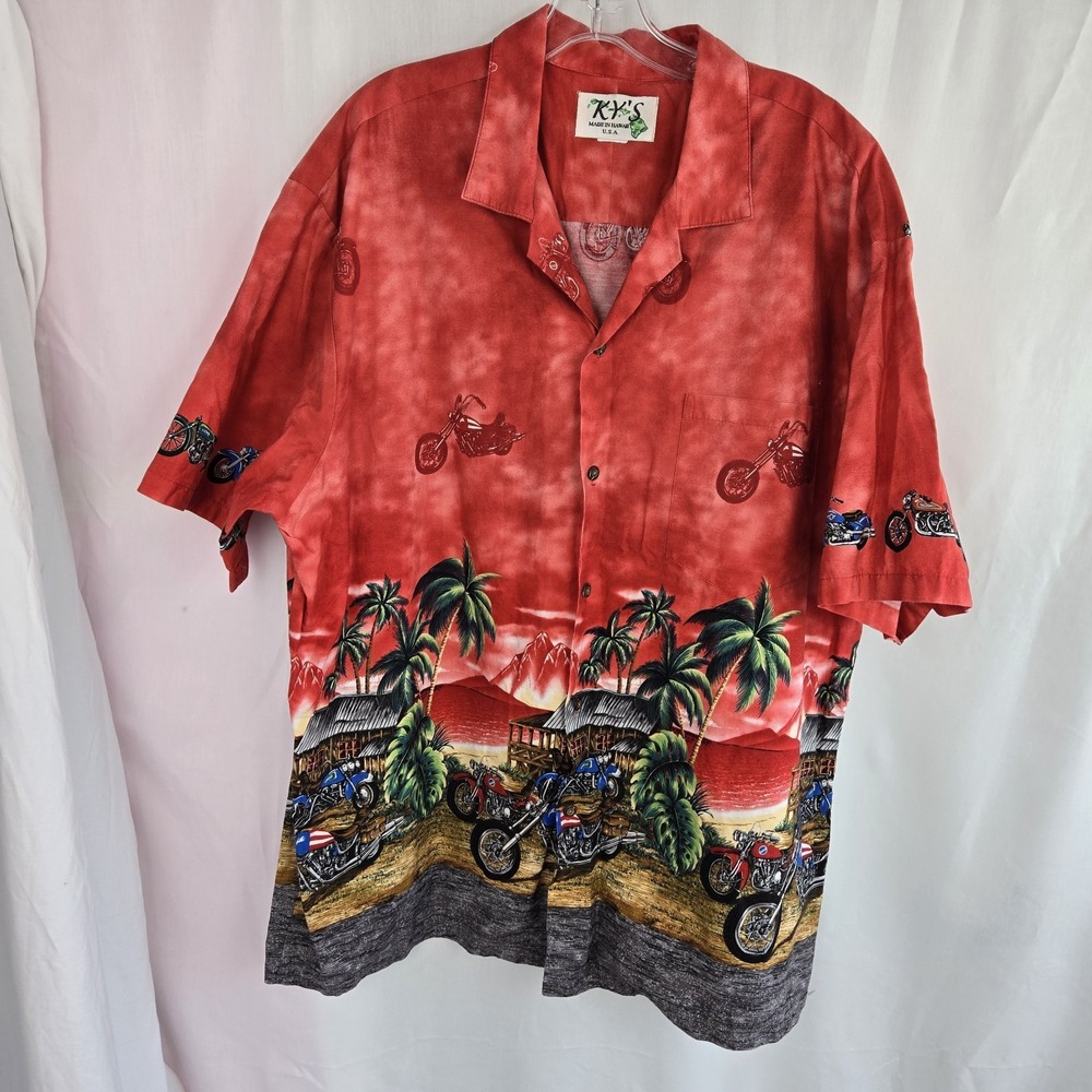 Ky's Hawaiian Shirt Size XXL Vtg Hawaii Cruiser Moto Biker Tropical Beach Luau